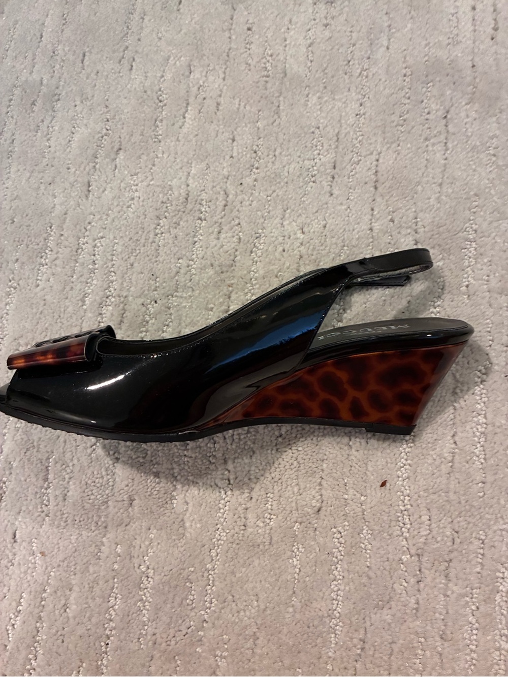 Sesto Meucci Black Patent Slingback Wedges with Tortoiseshell Wedge